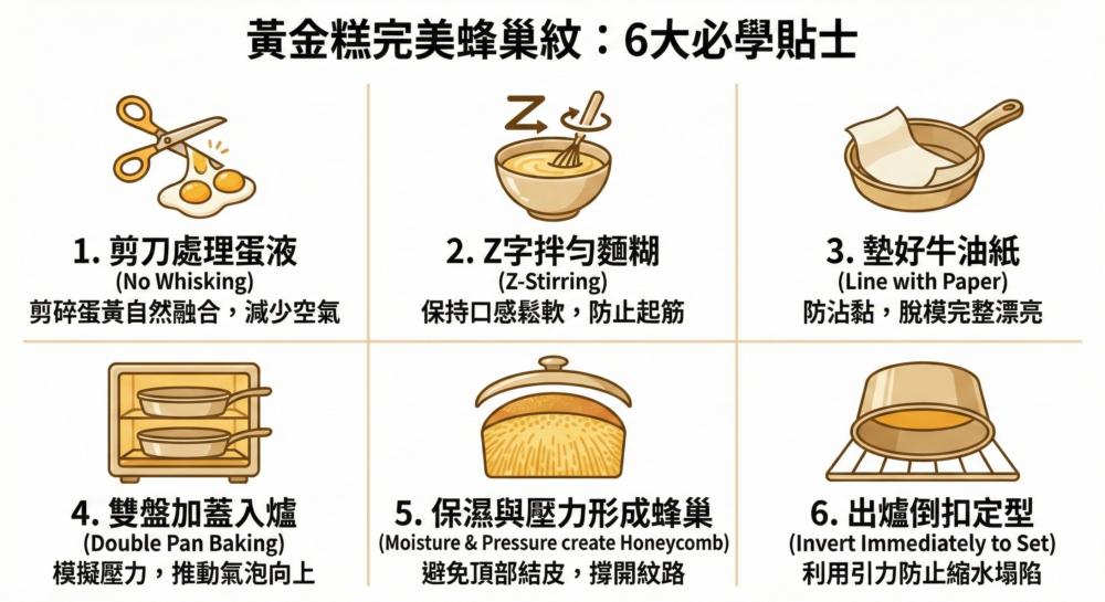 一張標題為「黃金糕製作決勝關鍵流程」的教學資訊圖，透過橫向箭頭連結六個製作步驟，展示從雞蛋處理到最後成品具有完美蜂巢紋理的完整過程。