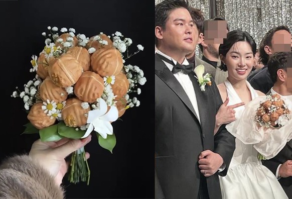 趙惠元手拿「核桃糕捧花」