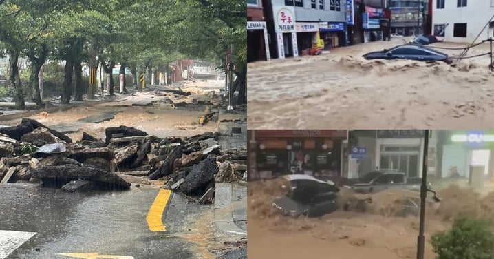 韓國巨濟統營陷暴雨洪災地獄！車輛被沖走、道路坍塌倒灌、遭山崩活埋1亡